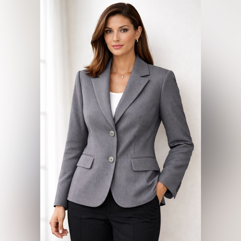 Tahari Arthur S. Levine Gray Pinstripe Blazer Size 10 Structured Shoulder Pads